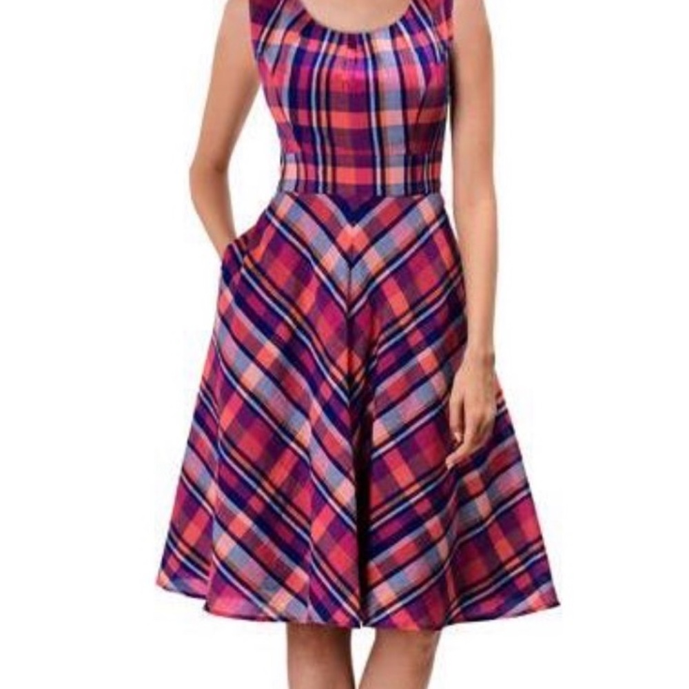 eShakti Pink and Blue Plaid Midi Dress with Pockets!